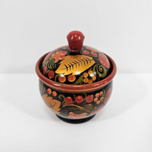 Russian Khokhloma Hand Painted Wooden Small Bowl with Lid, Black & Red Folk Art - Picture 4 of 9